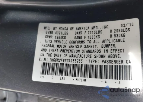 2016 Honda Accord Ex-L from USA, damaged, VIN 1HGCR2F8XGA158265